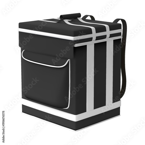 3D food delivery bag, square, closed lid, black, with white stripes, pocket, and straps, side view.