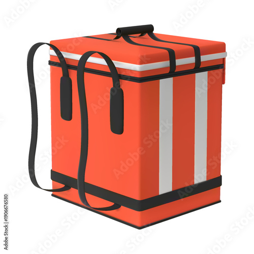 3D food delivery backpack, square, red, closed lid, back view.