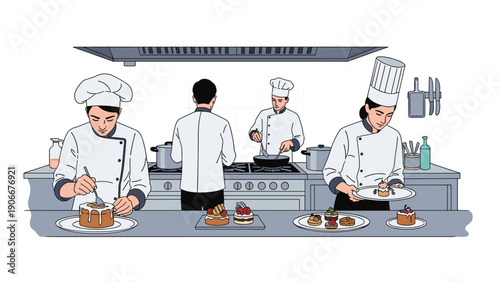 Diverse team of professional chefs working in a busy restaurant kitchen preparing gourmet meals and desserts for customers.