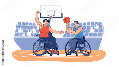 Two athletes in wheelchairs playing basketball on a court with spectators cheering in the background during a competition.