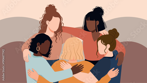 Diverse Women Group Hug Illustration Showing Unity Support Inclusion Community