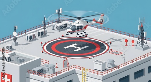 Helicopter prepares to land on a modern hospital rooftop helipad, emphasizing emergency medical transport and critical care infrastructure.