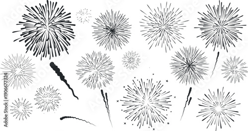A diverse assortment of hand-drawn fireworks illustrations, showcasing various explosive bursts and dynamic starburst patterns, perfect for festive graphic design projects and celebration themes