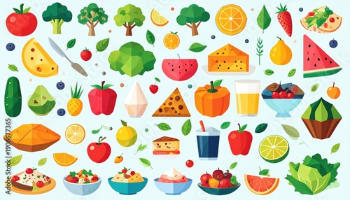 A vibrant collection of fresh fruits, vegetables, and healthy food items arranged in a playful pattern.
