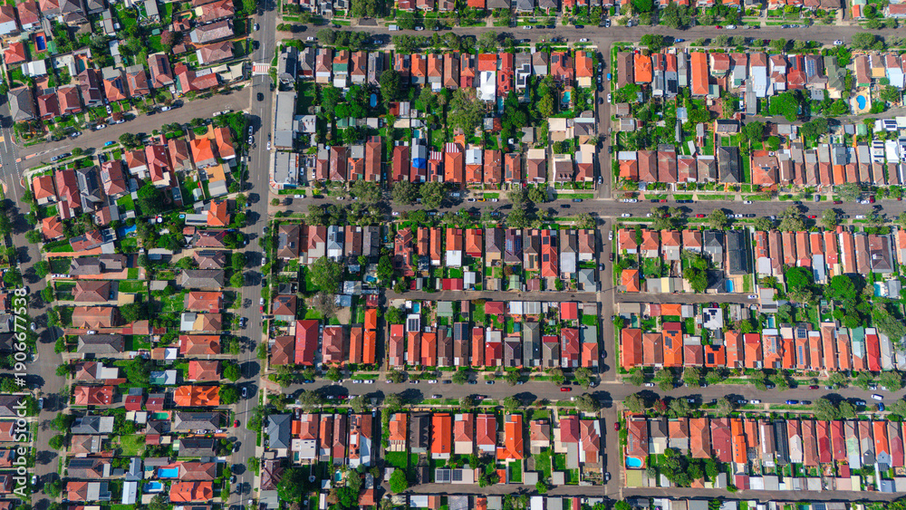Fototapeta premium Panoramic Aerial Drone view of Inner Western Suburbs of Sydney housing, roof tops, the streets and the parks, the roads and trees of Ashbury Ashfield Burwood Summer Hill Canterbury and Campsie in Sydn