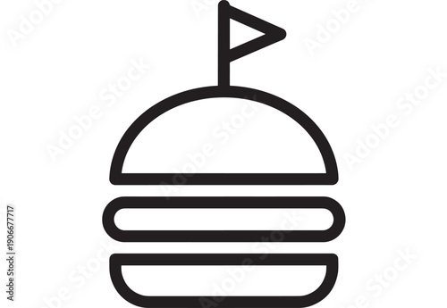 Burger line icon with flag toothpick on top, minimal black outline symbol for fast food menu, restaurant signage, delivery app UI, cafe branding, isolated on white