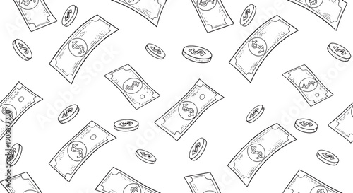 Dynamic seamless pattern of falling currency, featuring hand-drawn dollar bills and coins, symbolizing financial prosperity, wealth, and economic growth in a clean line art illustration