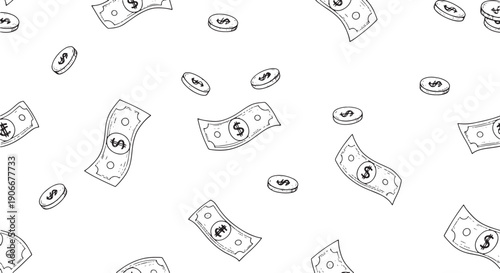 Vibrant seamless pattern featuring falling dollar bills and coins, a hand-drawn outline illustration symbolizing financial growth, wealth, and success for diverse design applications