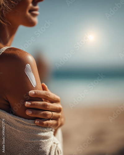 Applying Sunscreen on Shoulder at the Beach