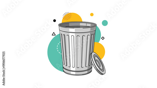 Classic metal trash can with its lid leaning against the side against a background of colorful abstract shapes and circles.
