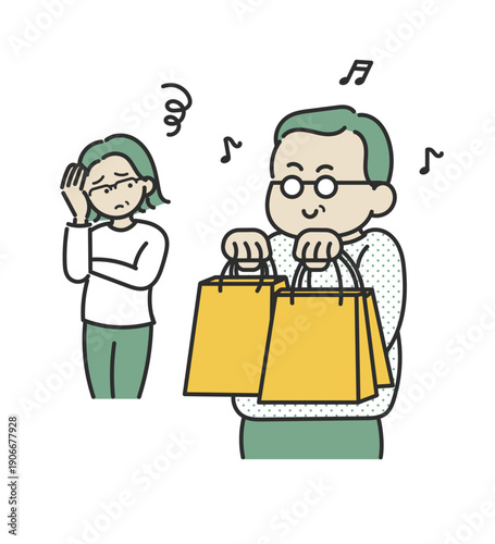 浪費家の夫と倹約家の妻のイラスト