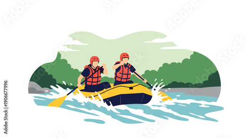 Two people in life jackets and helmets navigating a yellow raft through white water rapids on a river in a forest.
