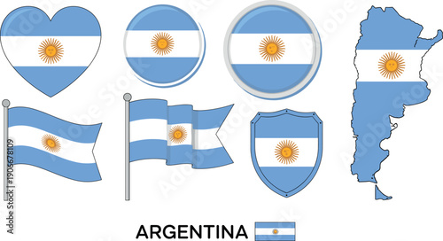 Argentina flag and map icon set with heart circle shield and waving flag symbols