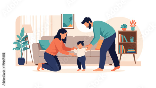 Proud mother and father helping their toddler take his first steps in a bright and cozy living room environment.