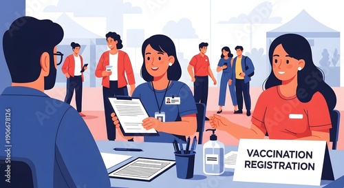 Health workers manage patient registration and queue flow at an outdoor vaccination clinic site.