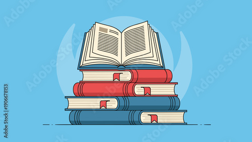 Large stack of colorful hardcover books with one open book on top representing education, knowledge, and literature.