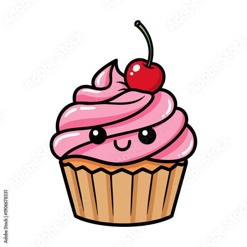Cute Kawaii Cupcake with Pink Frosting and Cherry Topping.