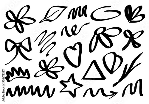 Abstract hand drawn floral and geometric shapes, brush stroke doodle elements set featuring coquette, circular, leaf, flower, star, arrow, and waving line.