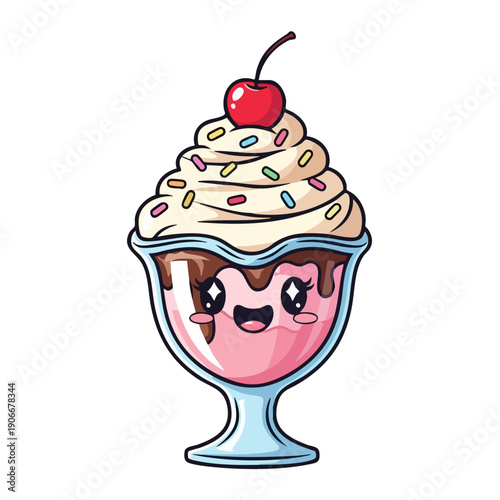 Cute Kawaii Ice Cream Sundae with Sprinkles and Cherry.