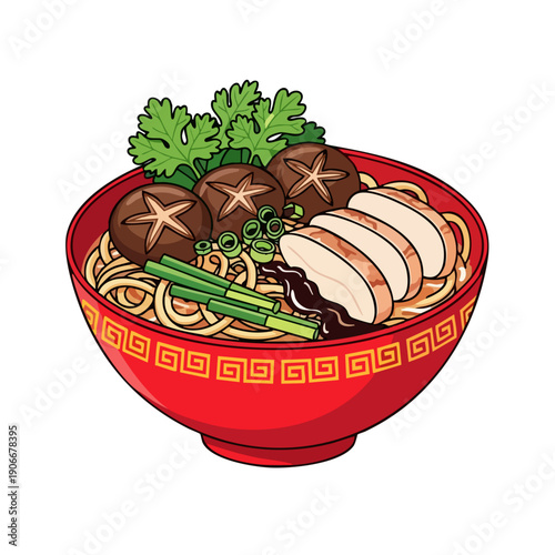 Delicious Asian Noodle Soup with Chicken and Mushrooms.