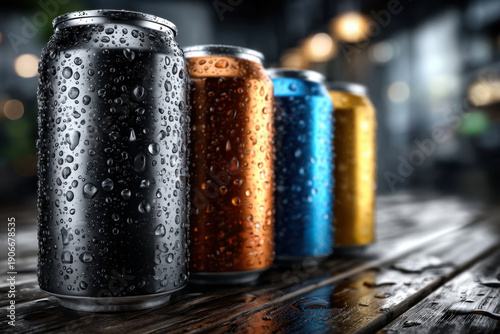 Realistic aluminum cans with water drops. Silver beer, soda, lemonade, juice, energy drink mockups. Tin cans of cold beverages