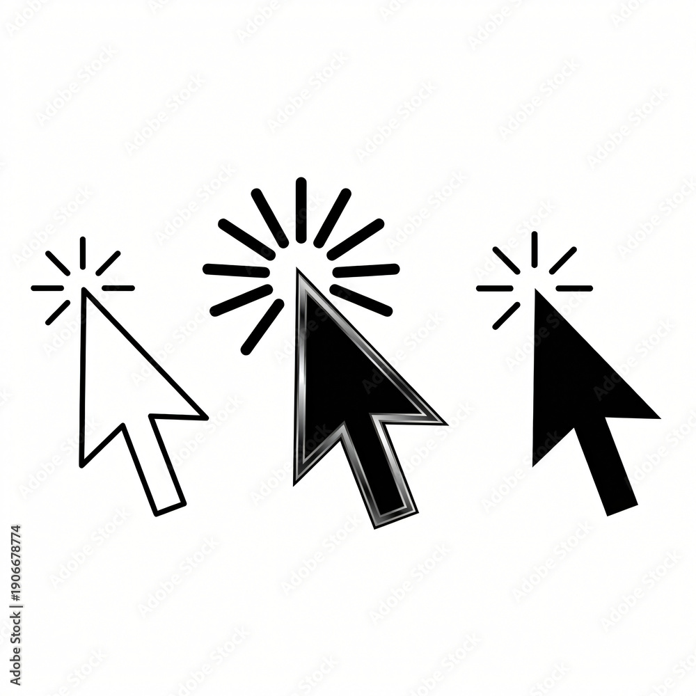 Fototapeta premium Computer mouse cursor in various states with click effect in minimalist black and white illustration for web design