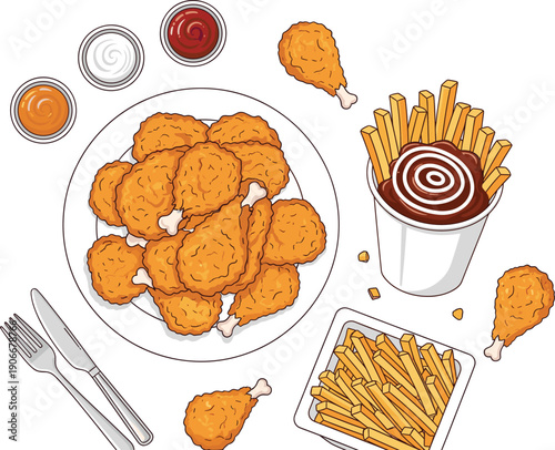 Fried chicken meal set with crispy drumsticks french fries and dipping sauces fast food vector illustration