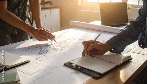Two people collaborating on architectural blueprints at a desk with a laptop and notebooks, bathed in warm sunlight.