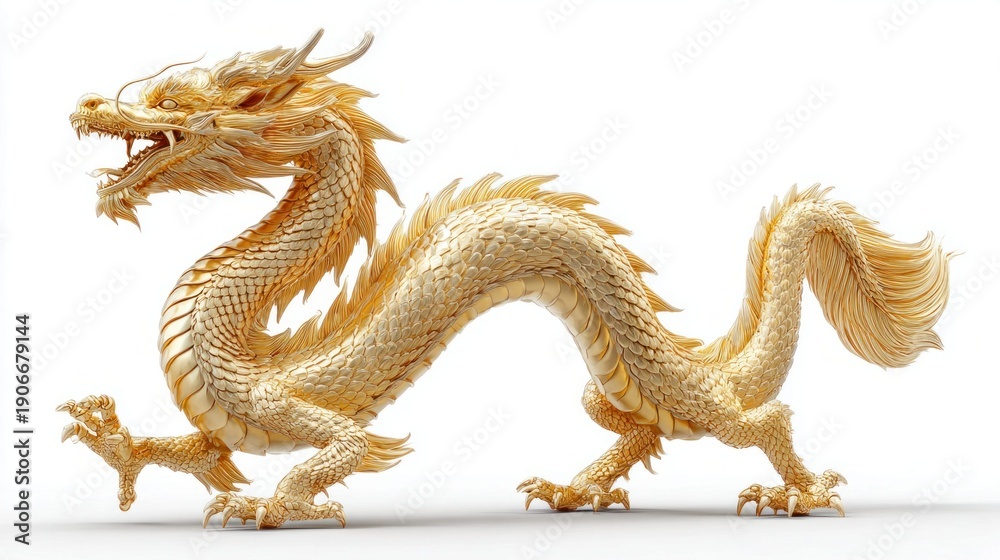 Fototapeta premium Intricate golden dragon sculpture with detailed scales and fierce expression on white background