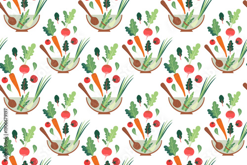 Seamless pattern with vegetables and kitchen utensils. Hand-drawn colorful salad leaves, vegetables, and kitchen utensils. Healthy organic produce. Fresh, healthy vegetables.