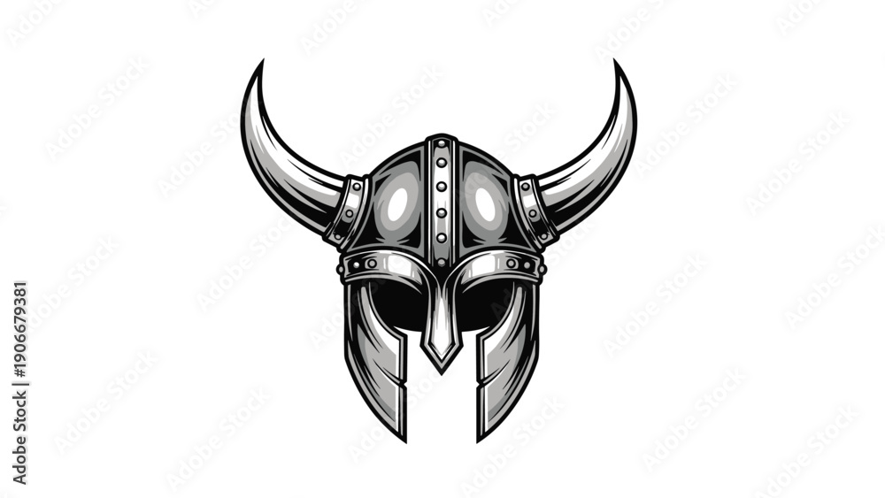 Fototapeta premium Grayscale illustration of a classic viking warrior helmet with large horns and detailed metal textures for battle.