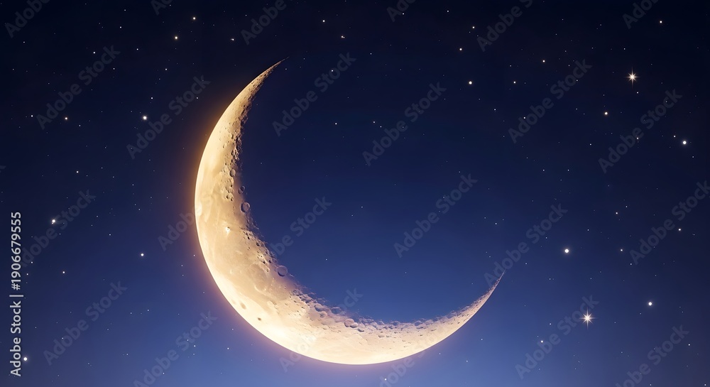 Naklejka premium Crescent Moon and Stars in Deep Blue Night Sky, Space Background