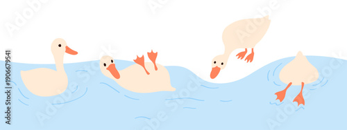 Cute goose character card. White waterfowl, swimming, diving poses, resting and slipping position. Playful duck in water. Vector seamless pattern.