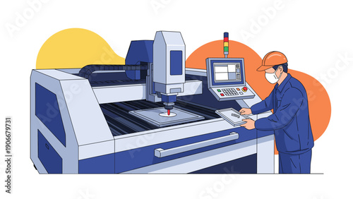 Industrial worker wearing a safety mask and helmet operating a large CNC machine for precision manufacturing in a factory.
