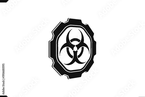 Biohazard Emblem: A stark, high-contrast illustration of the international biohazard symbol, enclosed within the rugged outline of a gear, representing the convergence of science and potential danger.