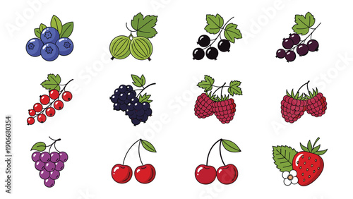 Diverse collection of fresh berries and fruits including strawberries, blueberries, grapes, and cherries on a white background.