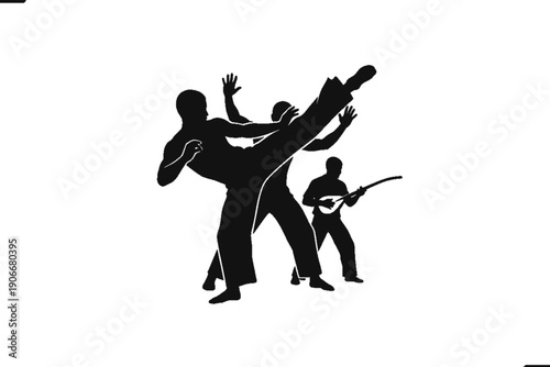 Silhouette of Capoeira: Dynamic black and white silhouette captures the grace and energy of capoeira, showcasing the fluid movements of the martial art with musical accompaniment.