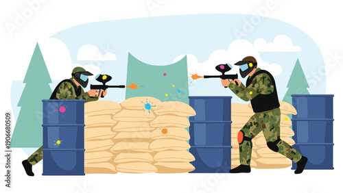 Paintball players in camouflage suits crouching behind blue barrels and sandbags during a competitive outdoor match.