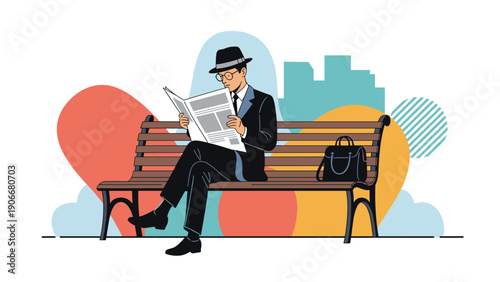 Professional man in a suit and hat sitting on a park bench and reading a newspaper with a city skyline behind him.