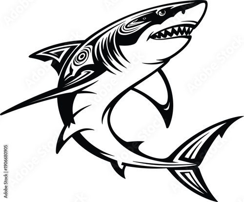 Great white tribal shark vector illustration, black ink predatory sea animal for surfboard and tattoo