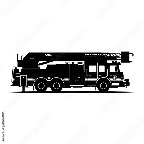 Silhouette of Fire Truck with Ladder for Emergency Rescue and Fire Department