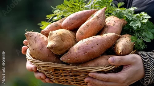 Holding a basket full of sweet potatoes with green leaves in a garden on a sunny day