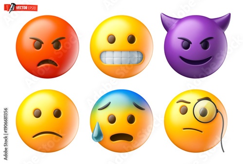 Vector realistic illustration of 3d emojis on a white background.