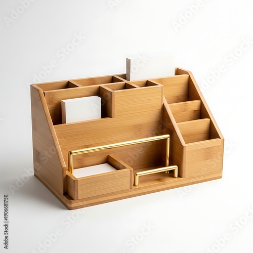 A wooden desk organizer with gold accents on a white background