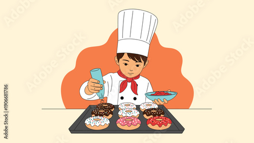 Focused young boy chef wearing a white toque and red scarf decorating delicious colorful donuts on a baking tray.