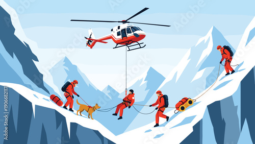 Brave mountain rescue team utilizing a helicopter and a search dog to save a person in a snowy mountain range.