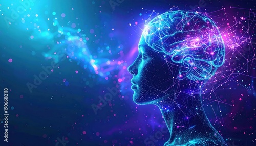 Abstract visualization of a human head profile with glowing neural network connections and cosmic nebula background.