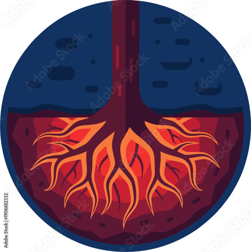 Tree Roots Underground Cross Section, Soil Layers and Root System Flat Vector Circle Badge Illustration