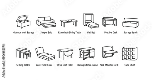 Furniture linear icon set. Featuring ottoman, sleeper sofa, dining table, wall bed, desk, storage bench, and more