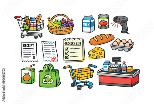 Grocery Shopping Flat Icon Set. Includes Cart, Basket, Milk, Receipt, List, Eggs, Scanner, Cashier